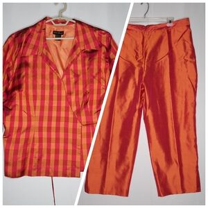 Ashley Stewart Silk Wrap Top Pants Set 26 3/4 Sleeve Orange Pink‎ Plaid Pockets